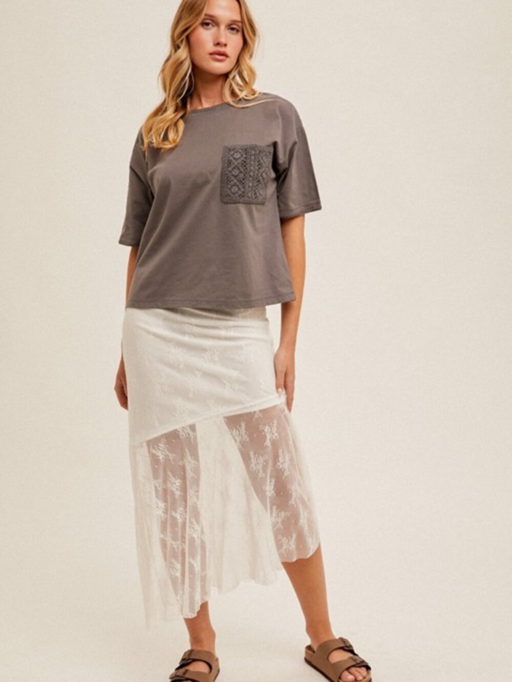 NWT Hem & Thread Stitch Detailed Crochet Pocket T-Shirt in Charcoal (S/M/L) - Picture 4 of 4